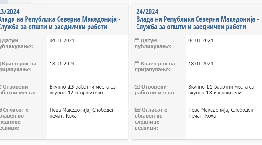  Оглас на Владата за 60 вработувања во службата за набавки