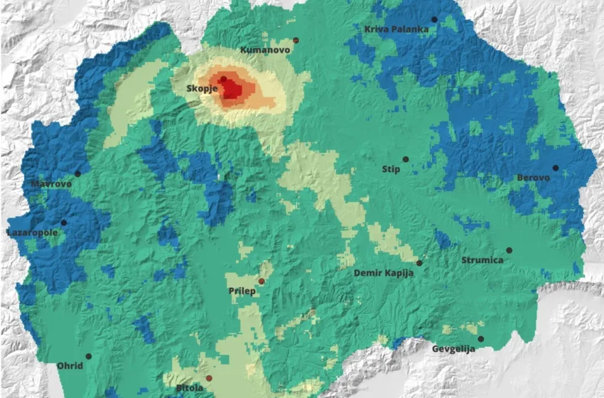 Аерозагаденост (главно со NO2), сината боја е со мошне чист воздух…