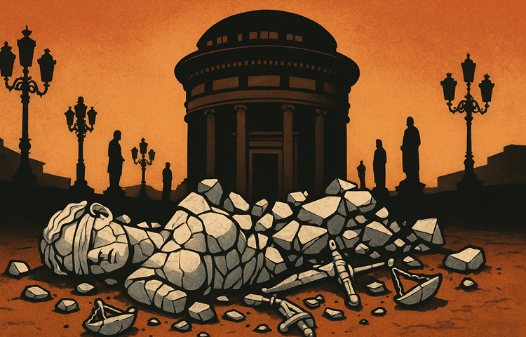 Божицата на правдата фрлена од зградата на Јавнотио обвинителство и скршена - креирана илустрација со помош на ChatGPT